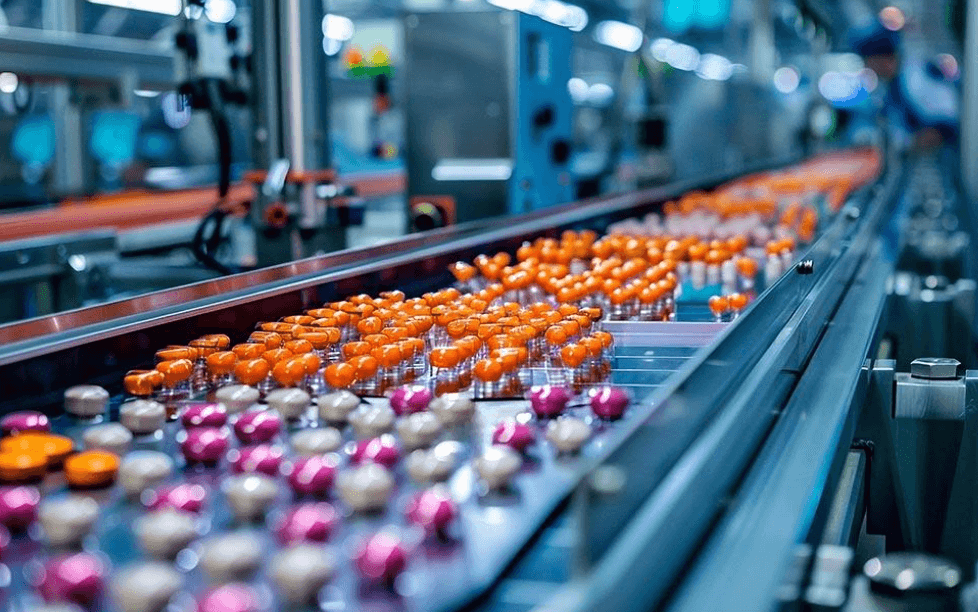 Production line of orange and pink capsules on a conveyor