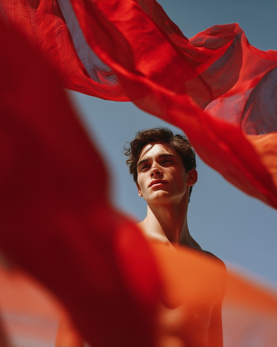 Man looking upward amid flowing red fabric